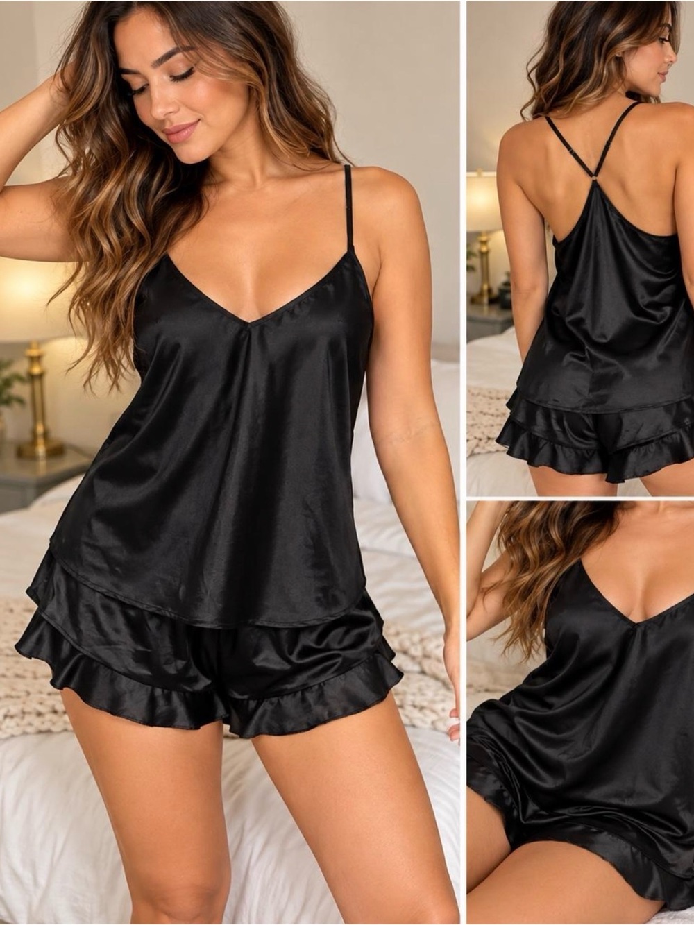 Satin Pajama Set for Women Silk Pjs Sets Camisole Top and Shorts Large